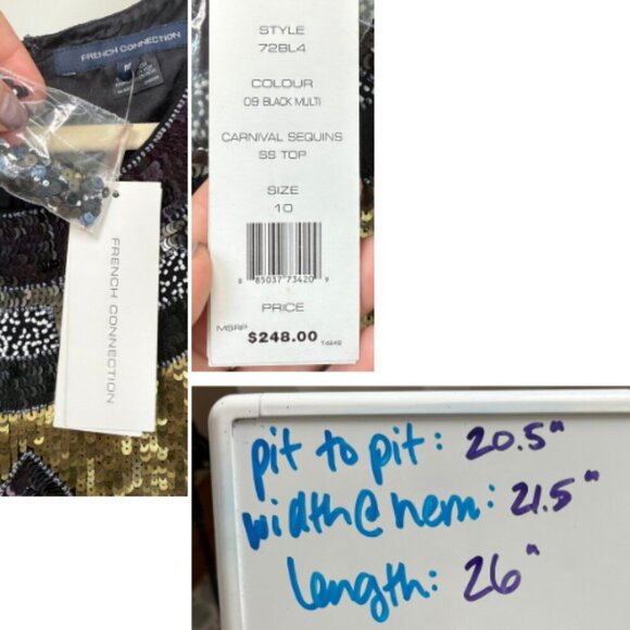 FRENCH CONNECTION Carnival Sequin Black Gold Short Sleeve Top Size 10 - Picture 15 of 16